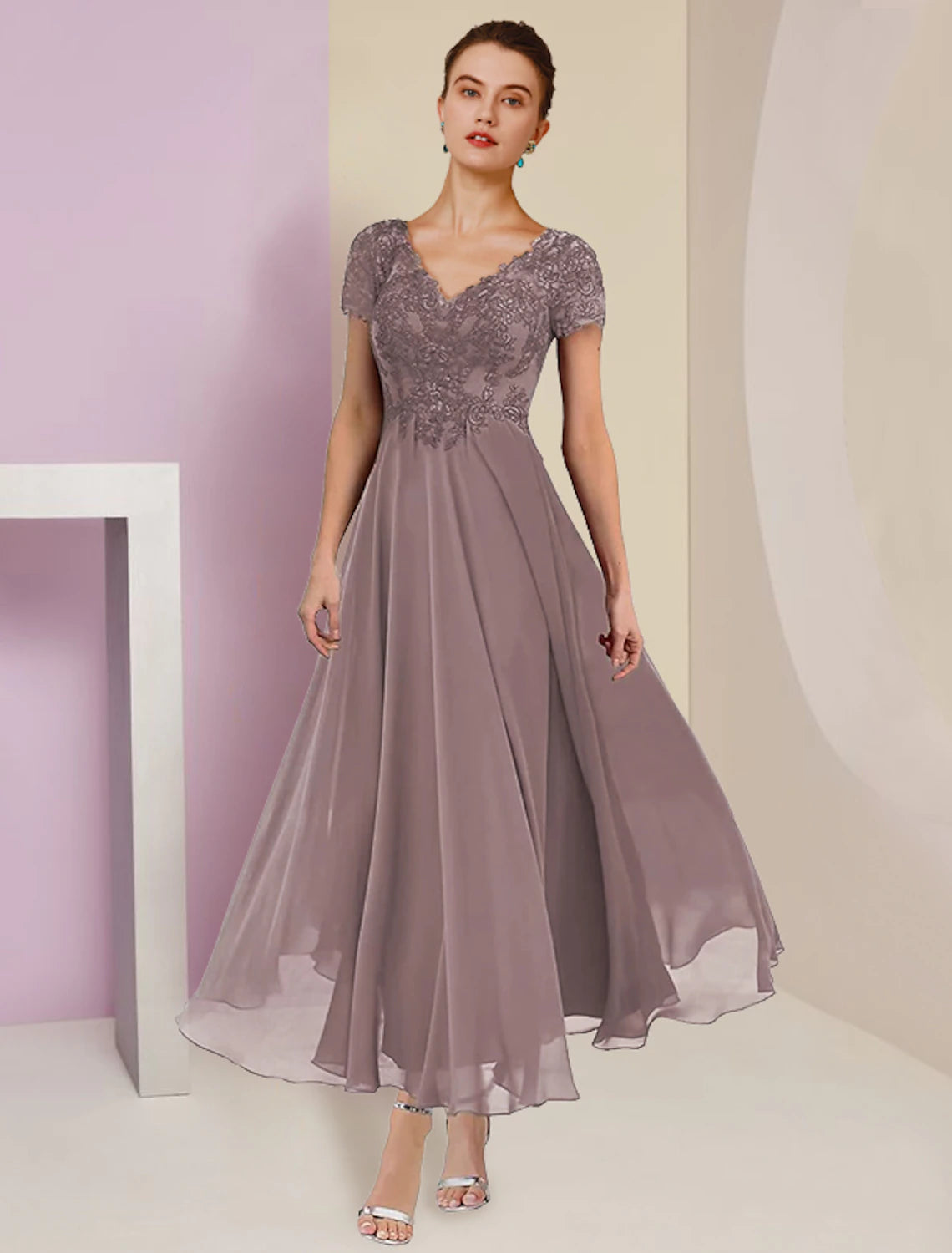 Wholesale  Two Piece A-Line Mother of the Bride Dress Formal Fall Wedding Guest Elegant V Neck Tea Length Lace Short Sleeve Wrap Included with Pleats Appliques